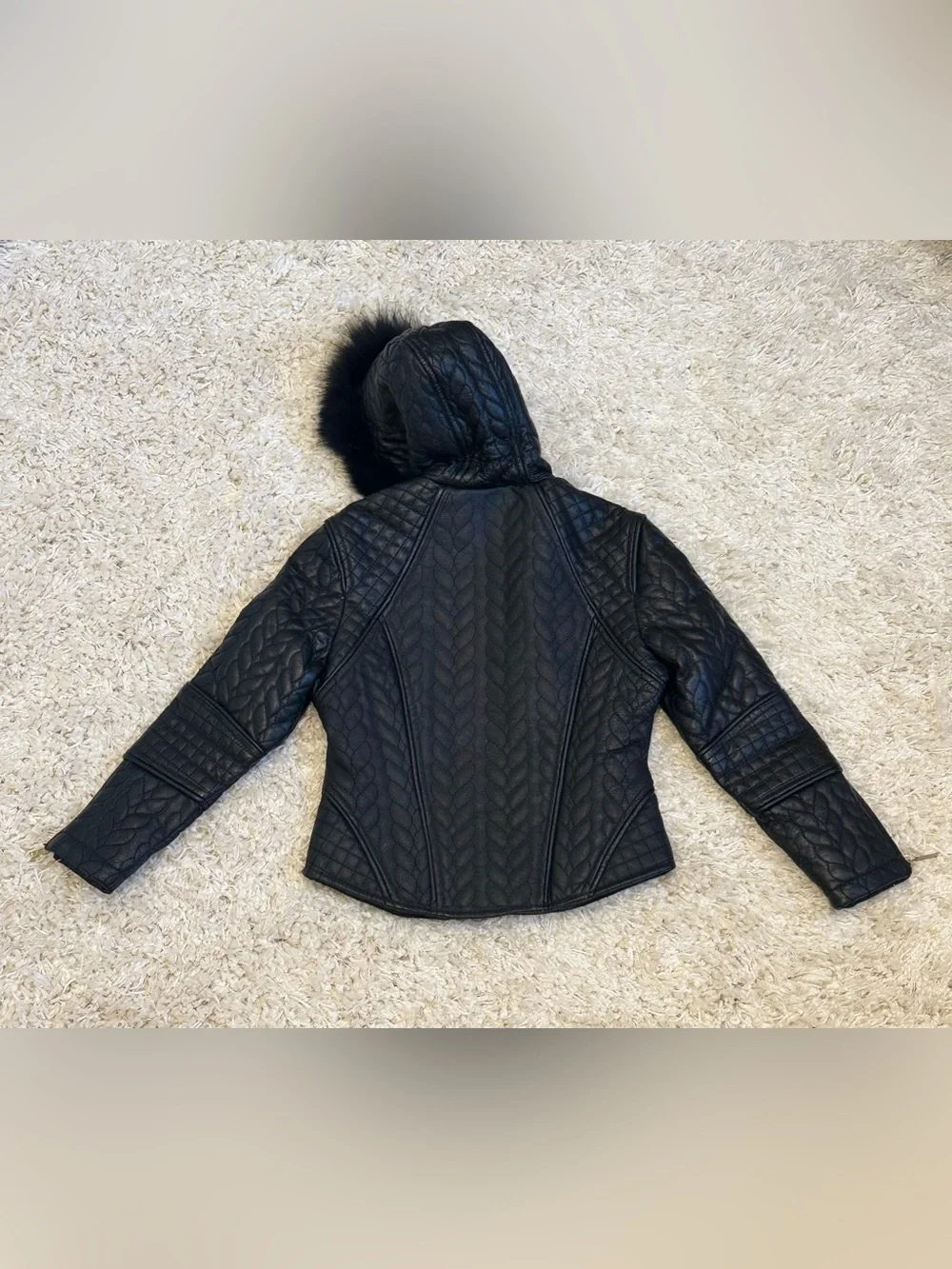 Oscar Kids Luxe Black Quilted 100% Leather Biker Moto Jacket Fur Trim Hood Sz 3